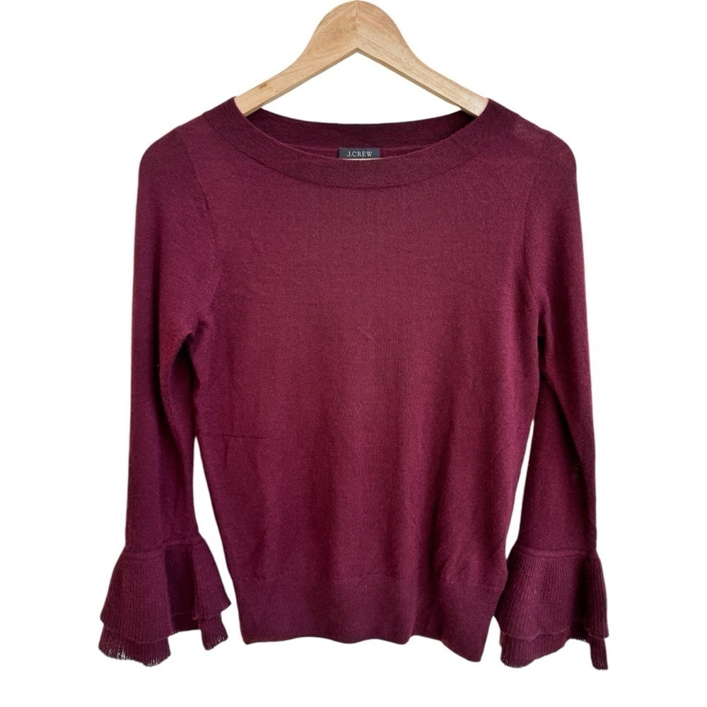 J Crew Burgundy Red Long Bell Sleeve Cashmere Pullover Womens Size S Lightweight